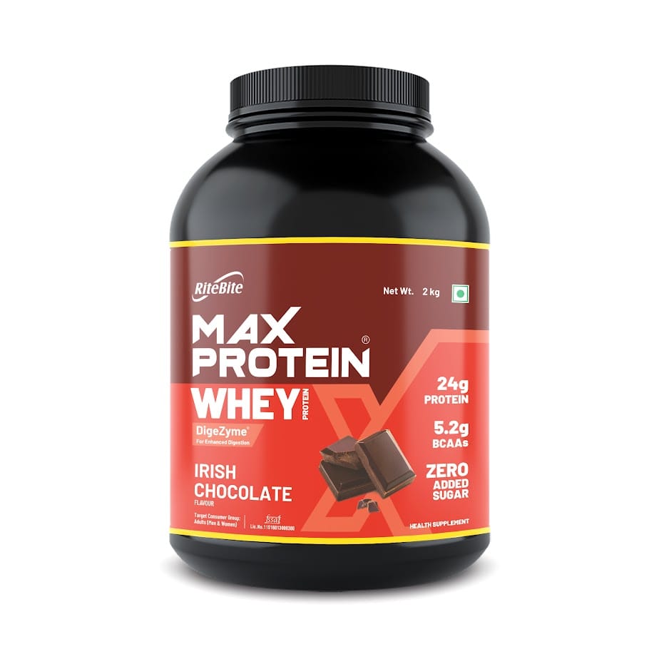 RiteBite Max Protein Whey Protein Irish Chocolate | 30 Servings| DigeZyme for Enhanced Digestion | 25g Protein | 5.2g BCAAs | Zero Added Sugar | For Adults (Men & Women) | High Protein| Glut