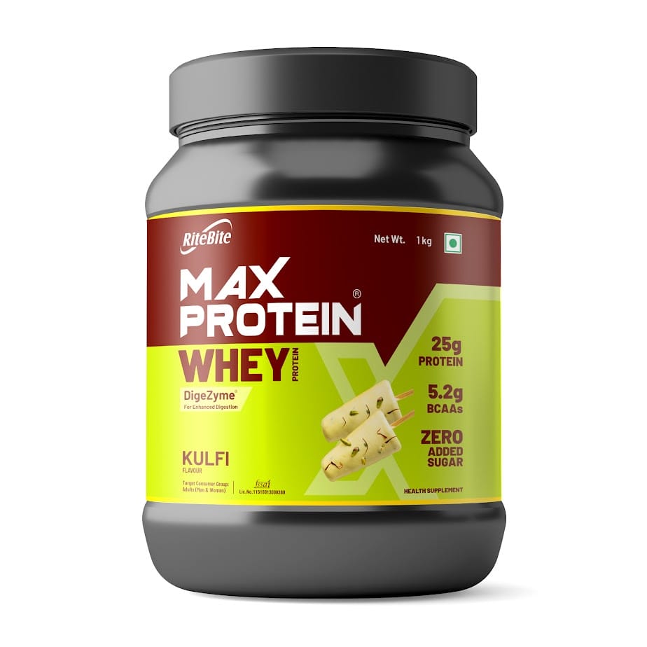 RiteBite Max Protein Whey Protein Powder in Kulfi Flavour 1Kg| 30 Servings | DigeZyme for Enhanced Digestion | 25g Pure Whey Protein | 5.2g BCAAs | Zero Added Sugar | For Adults (Men & Women