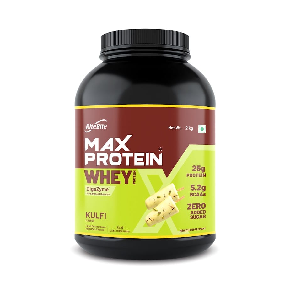 RiteBite Max Protein Whey Protein Powder in Kulfi Flavour| 30 Servings | DigeZyme for Enhanced Digestion | 25g Pure Whey Protein | 5.2g BCAAs | Zero Added Sugar | For Adults (Men & Women) |