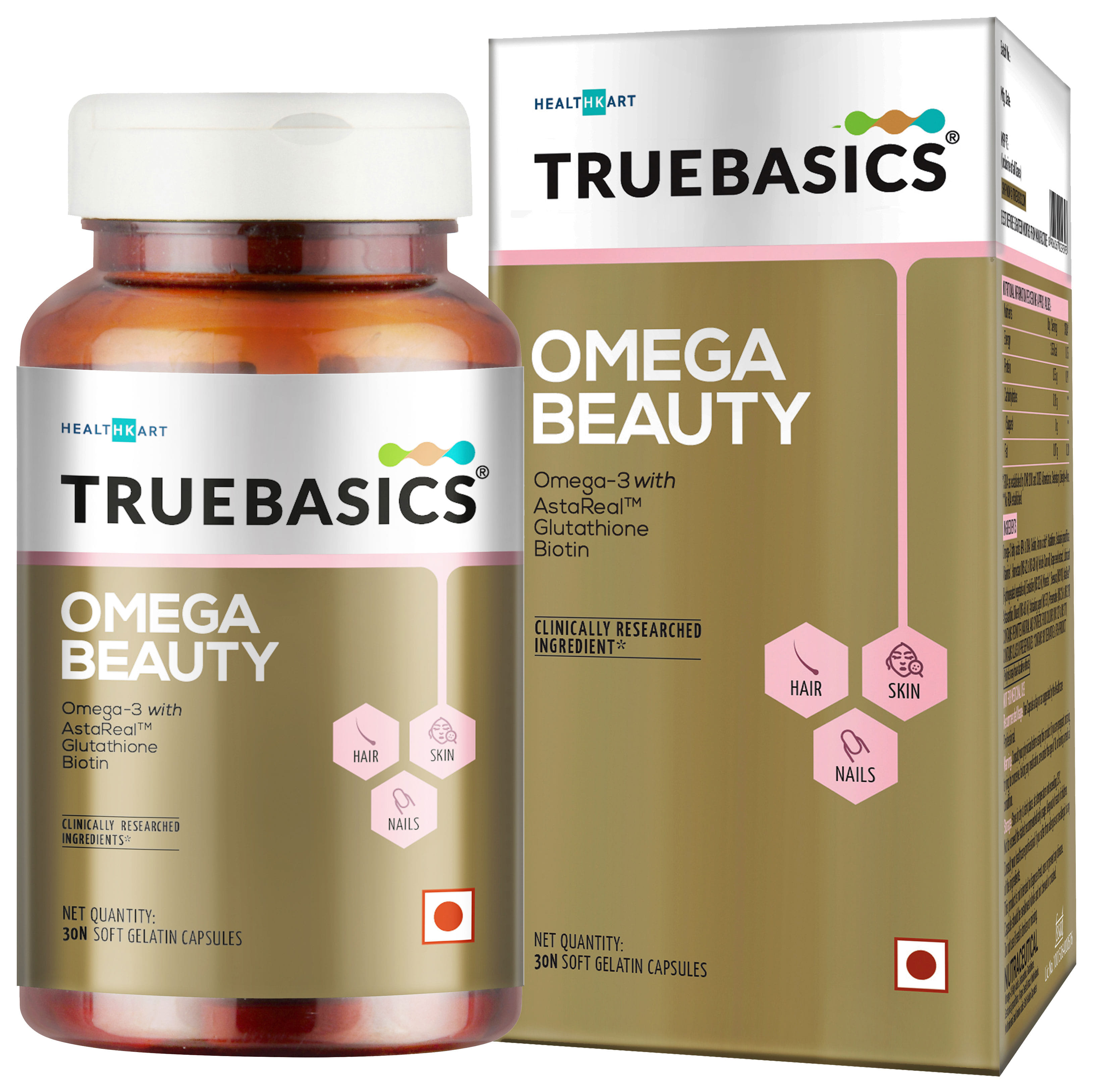 TrueBasics Omega Beauty Advanced Formula with Omega-3 Fish Oil, Astaxanthin (AstaReal), Biotin and Glutathione Enhanced with Amino Acids Blend and Complete RDA of All Vitamins (30 Softgel Ca