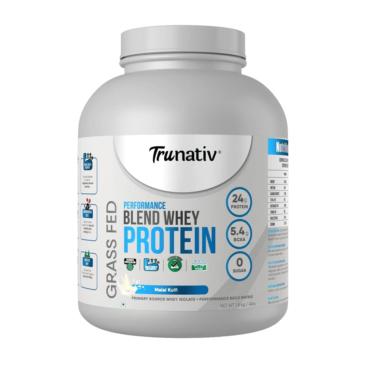 Trunativ Performance Blend Whey Protein 100% Vegetarian, Malai Kulfi, Sugar Free, 24g Protein, 5.4g BCAA, Helps Increase Muscle Gain and Recovery, Vegetarian Primary Source Whey Protein Isol