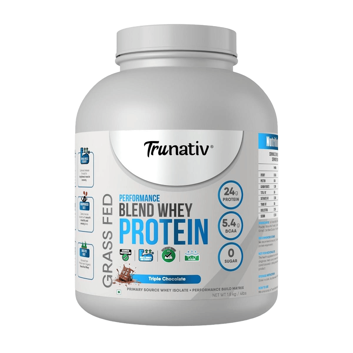 Trunativ Performance Blend Whey Protein 100% Vegetarian, Triple Chocolate, Sugar Free, 24g Protein, 5.4g BCAA, Helps Increase Muscle Gain and Recovery, Vegetarian Primary Source Whey Protein