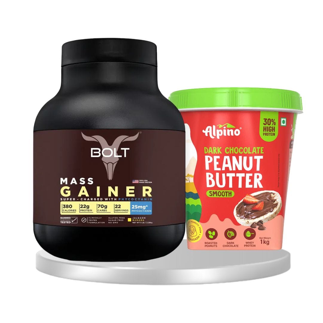 Bolt mass gainer protein 5 lb, 2.268kg (jalgaon banana) & Alpino high protein dark chocolate peanut butter smooth 1 kg dark chocolate | creamy combo pack of 2