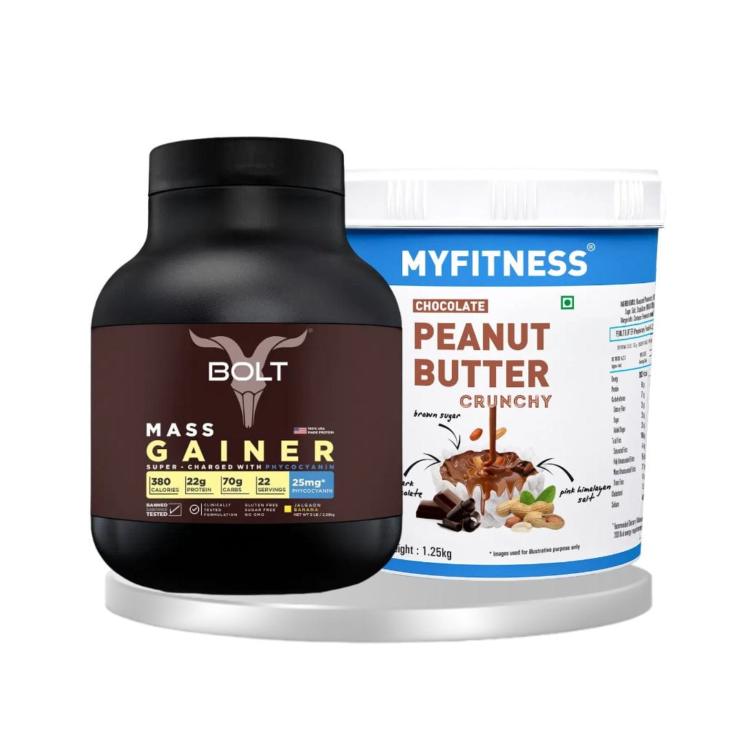 Bolt mass gainer protein 5 lb, 2.268kg (jalgaon banana) & Myfitness chocolate peanut butter crunchy 1250g | combo pack of 2