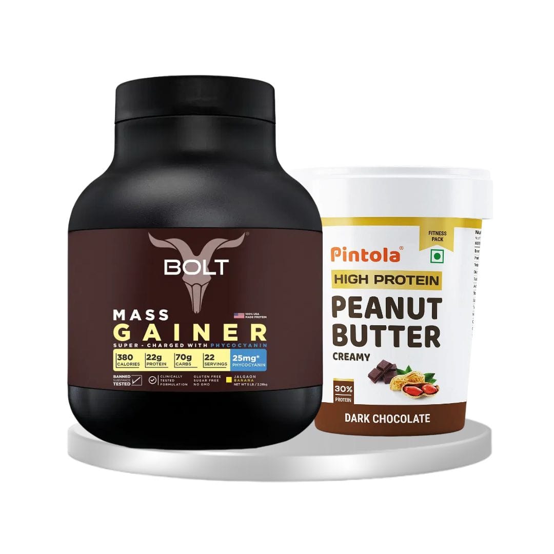 Bolt mass gainer protein 5 lb, 2.268kg (jalgaon banana) &  Pintola high protein peanut butter dark chocolate creamy 1kg | combo pack of 2