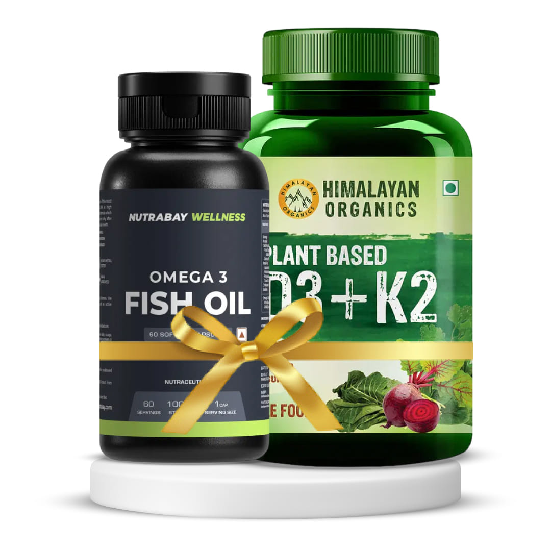 Bone and heart support | Himalayan Organics Plant Based D3 + K2 - 120 Veg Capsules + Nutrabay Wellness Omega 3 Fish Oil - 1000mg, 60 Capsules | 180 mg EPA & 120 mg DHA