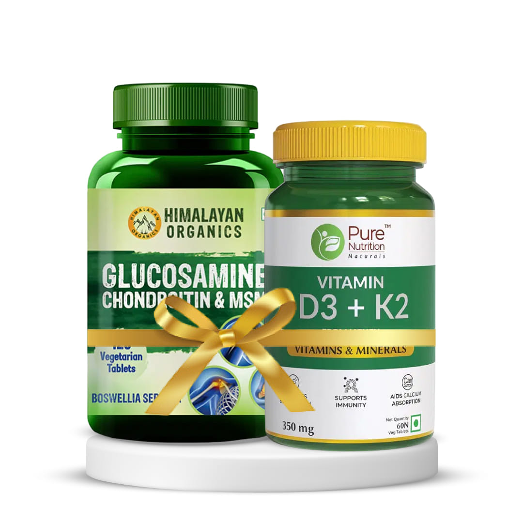 Bone and Joint Support with Vitamin D3 and K2|Himalayan Organics Glucosamine Chondroitin MSM with Boswellia For Bone, Joint & Cartilage Support 120 Tablets + Pure Nutrition Vitamin D3 + K2 T