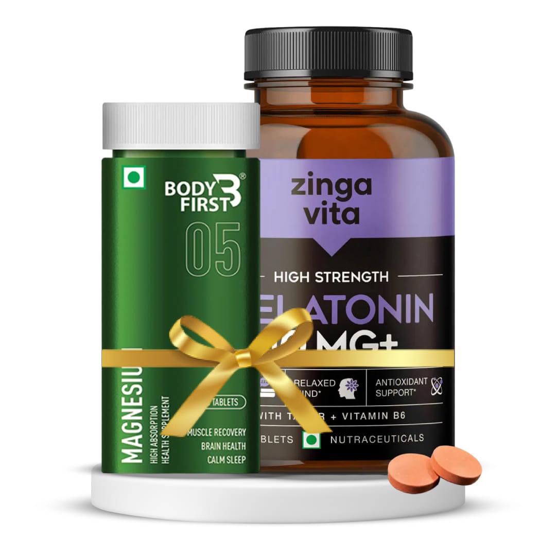 Bone Health and Mineral Support | Bodyfirst Magnesium 60 Veg Tablets + Zingavita High Strength Melatonin Tablets for Restful Sleep and Relaxed Mind - 60 Count