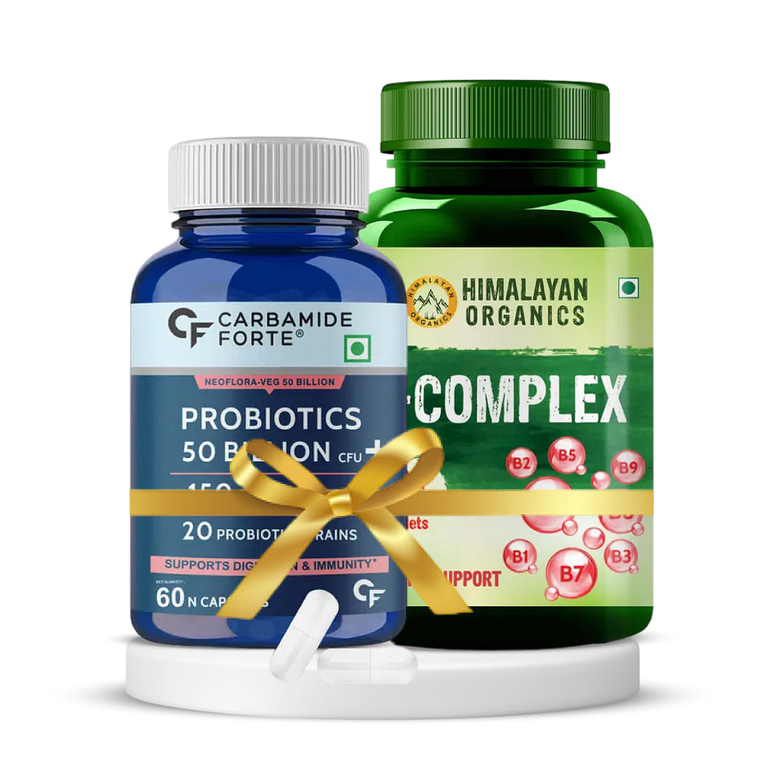 Cognitive Wellness & Gut Harmony Bundle | Himalayan Organics B- Complex Supplement to Support Cognitive Health - 120 Veg Tablets + Carbamide Forte Probiotics Supplement 50 Billion for Women