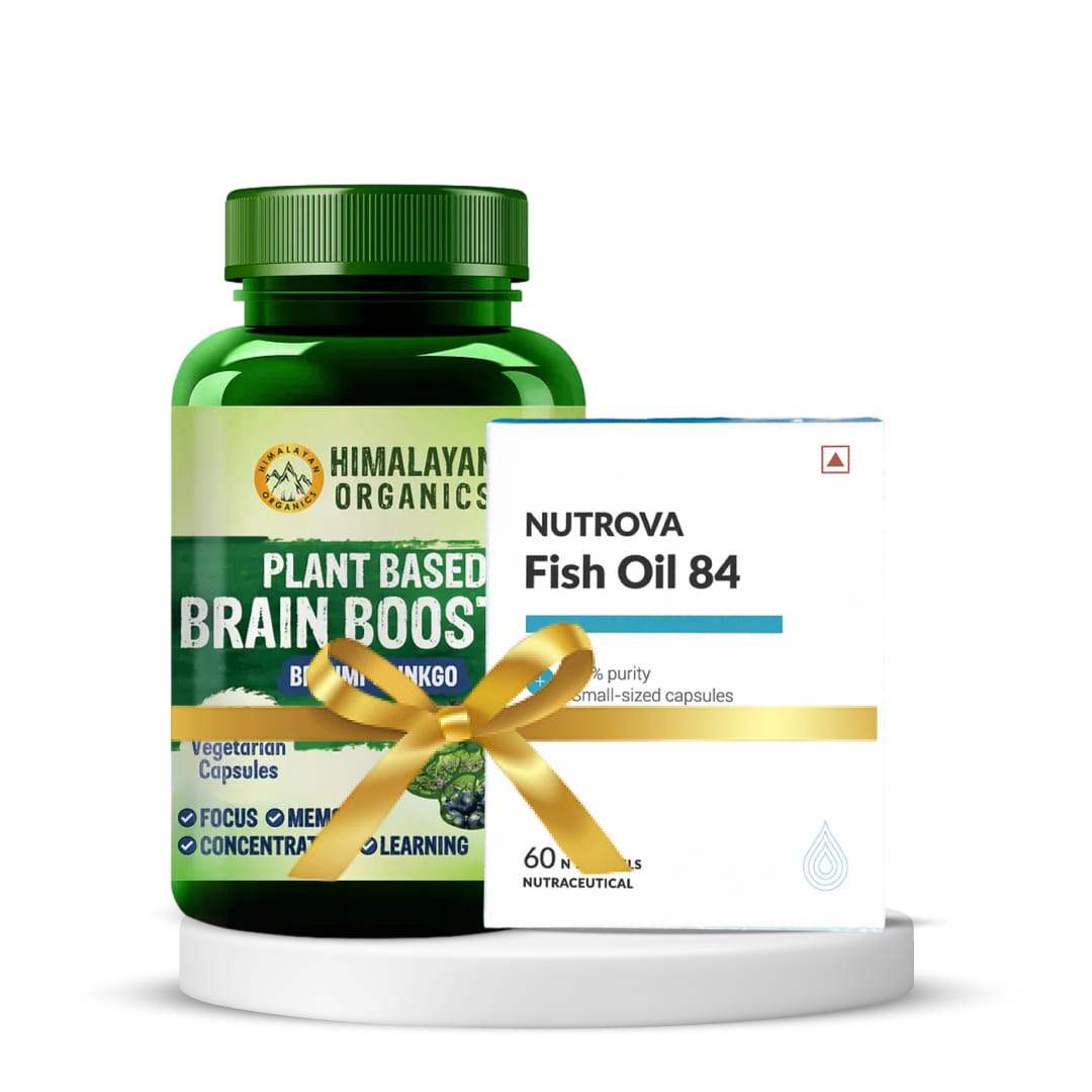 Cognitive Support | Nutrova Fish Oil 84 + Himalayan Organics Plant Based Brain Booster Supplement with Ginkgo Biloba & Brahmi Boost concentration & Memory 60 Veg Capsules