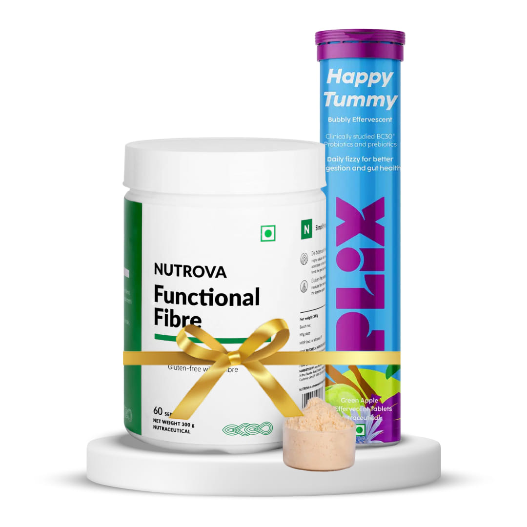 Digestive Health and Gut Support|Nutrova Functional Fibre, Blend Of De-Bitterised Fenugreek Fibre & Gluten Free Wheat Fibre (300Gm) + Plix Good Gut Pre+Probiotic 15 Effervescent Tablets For