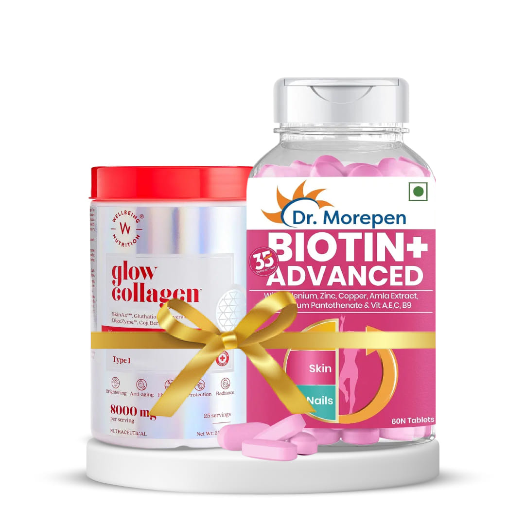 Enhanced Beauty and Well-being | DR. MOREPEN Biotin+ for Hair Growth, Glowing Skin & Healthy Nails, Multivitamins - 60 Veg Tablets + Wellbeing Nutrition Glow Japanese Marine Collagen -Tropic