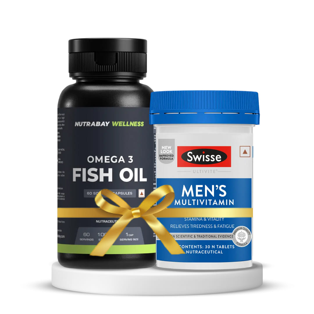 Essential Nutrients for Men's Health | Nutrabay Wellness Omega 3 Fish Oil - 1000mg, 60 Capsules| 180 mg EPA & 120 mg DHA + Swisse Ultivite Men’s Multivitamin Supplement (with 36 Herbs, Vit
