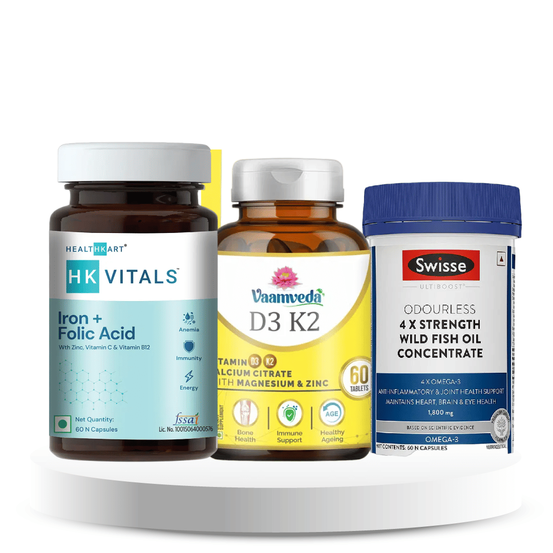 Her Wellness Shield: Bone + Blood (Fish Oil + Vit D3 & K2 + Iron & Folic acid)