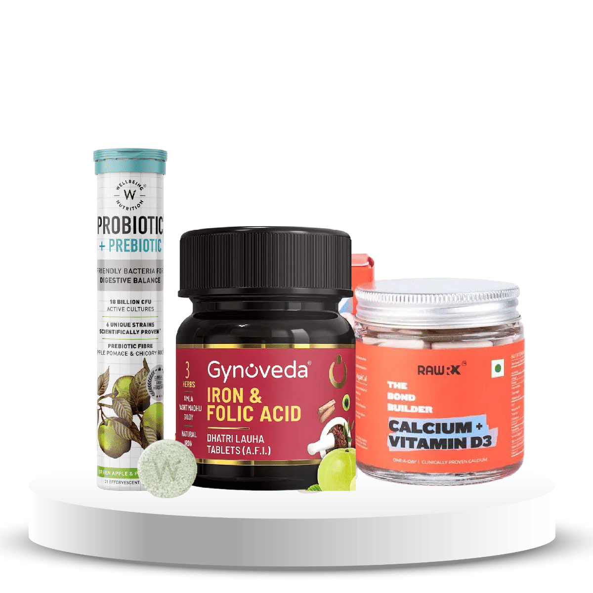 Gut , Bone & More Bundle (Pre & Prebiotic, Iron & Folic acid, Ca & Vit D3)