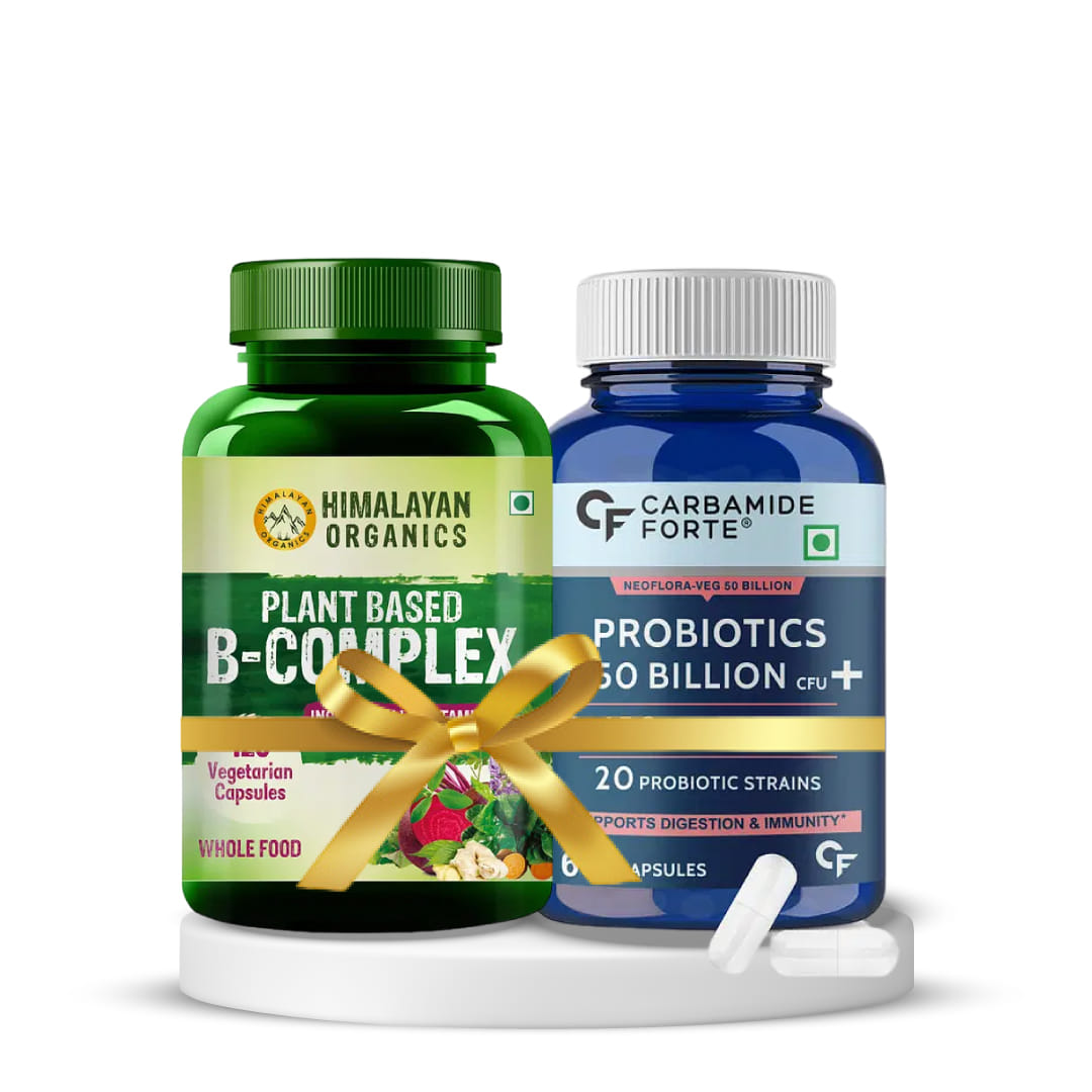Gut Health and Daily Wellness | Himalayan Organics Plant Based B-Complex Vitamins - 120 Veg Capsules + Carbamide Forte Probiotics Supplement 50 Billion – 60 Veg Capsules