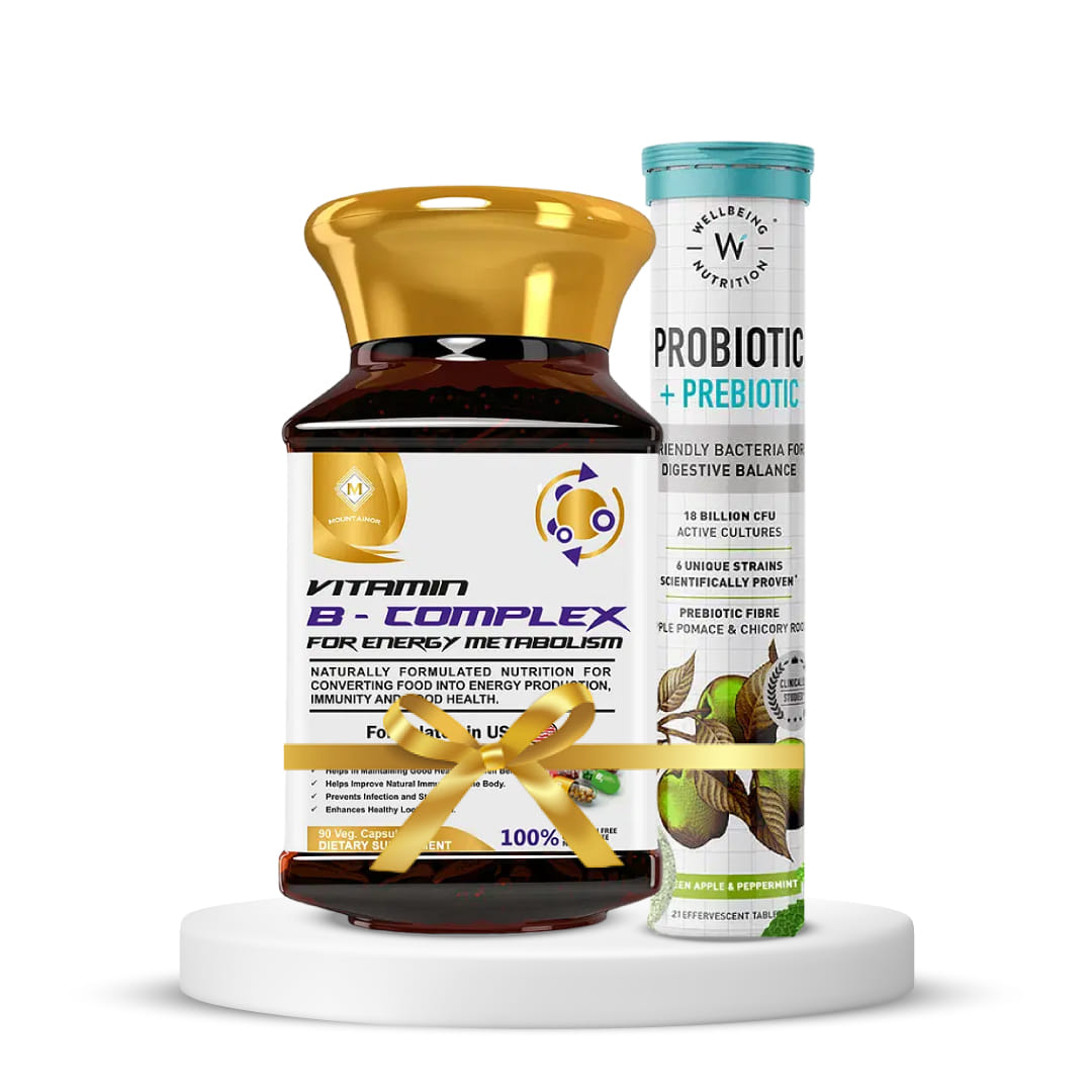 Gut Health and Daily Wellness | MOUNTAINOR Vitamin B Complex capsules (B complex) + Wellbeing Nutrition Daily Probiotic + Prebiotic, Plant Based,36 Billion CFU, 6 Strains - 21 Effervescent T