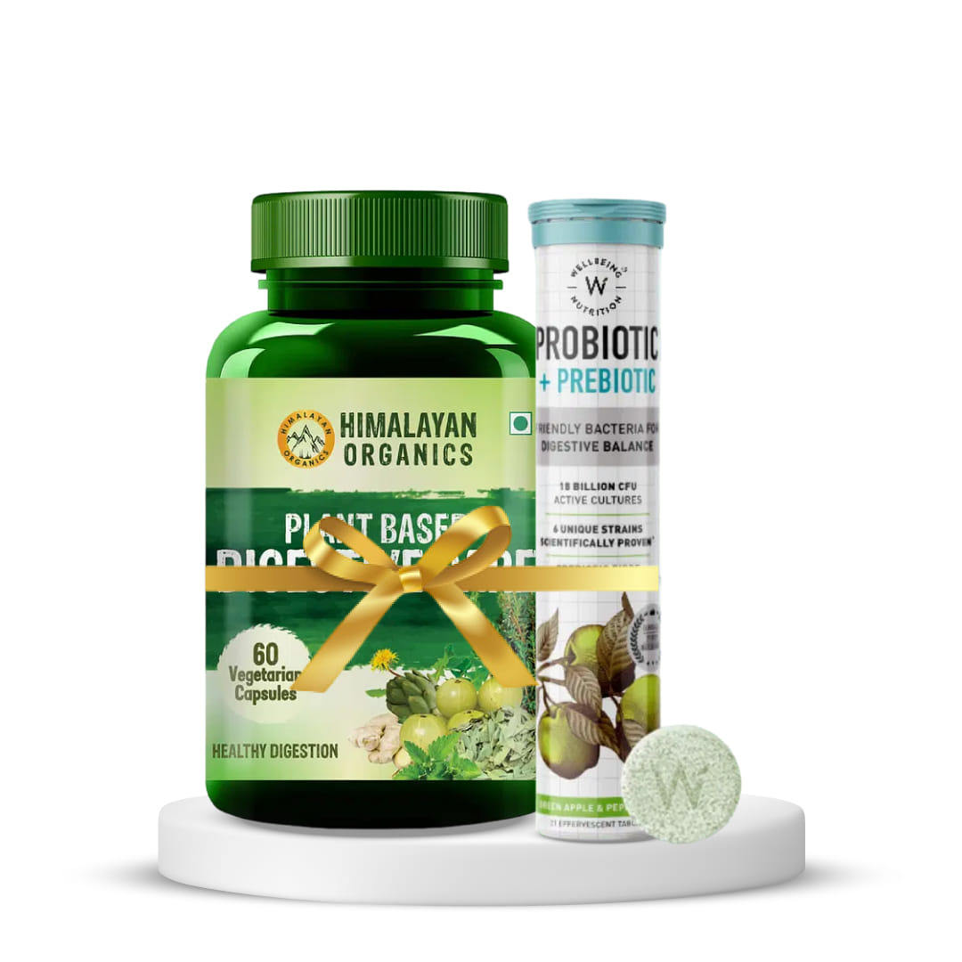 Gut Health and Daily Wellness | Wellbeing Nutrition Daily Probiotic + Prebiotic, Plant Based,36 Billion CFU, 6 Strains for Men & Women - 21 Effervescent Tabs + Himalayan Organics Plant Based