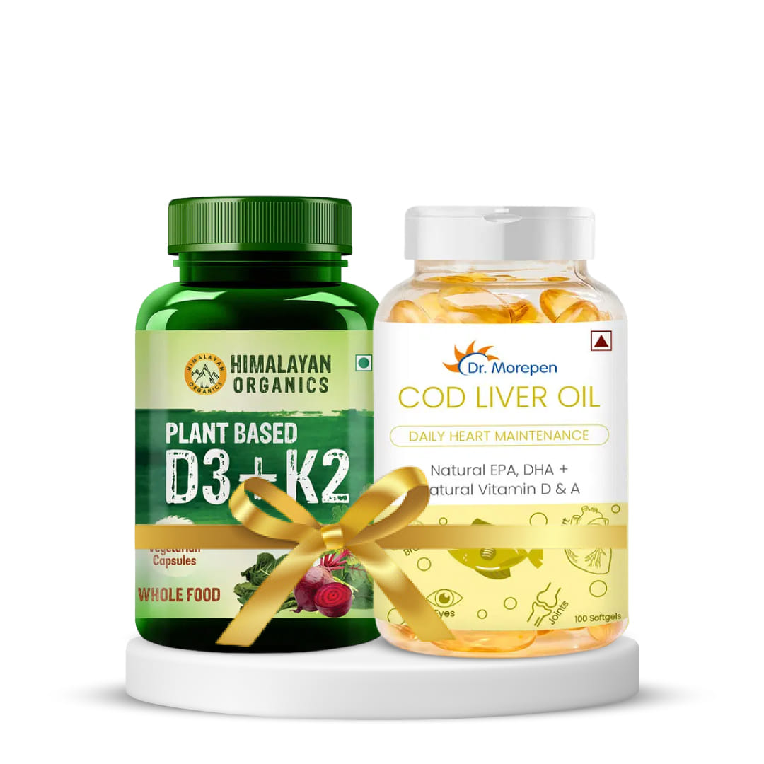 Heart, Bone, and Joint Health | DR. MOREPEN COD Liver Oil Capsules - 100 Softgels + Himalayan Organics Plant Based D3 + K2 - 120 Veg Capsules