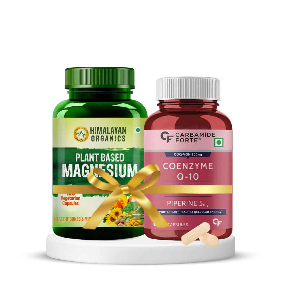 Heart Health and Muscle Support|Carbamide Forte Coenzyme Q10 (CoQ10) 200mg with Piperine 5mg – 60 Capsules + Himalayan Organics Plant Based Magnesium 220mg - 120 Veg Capsules