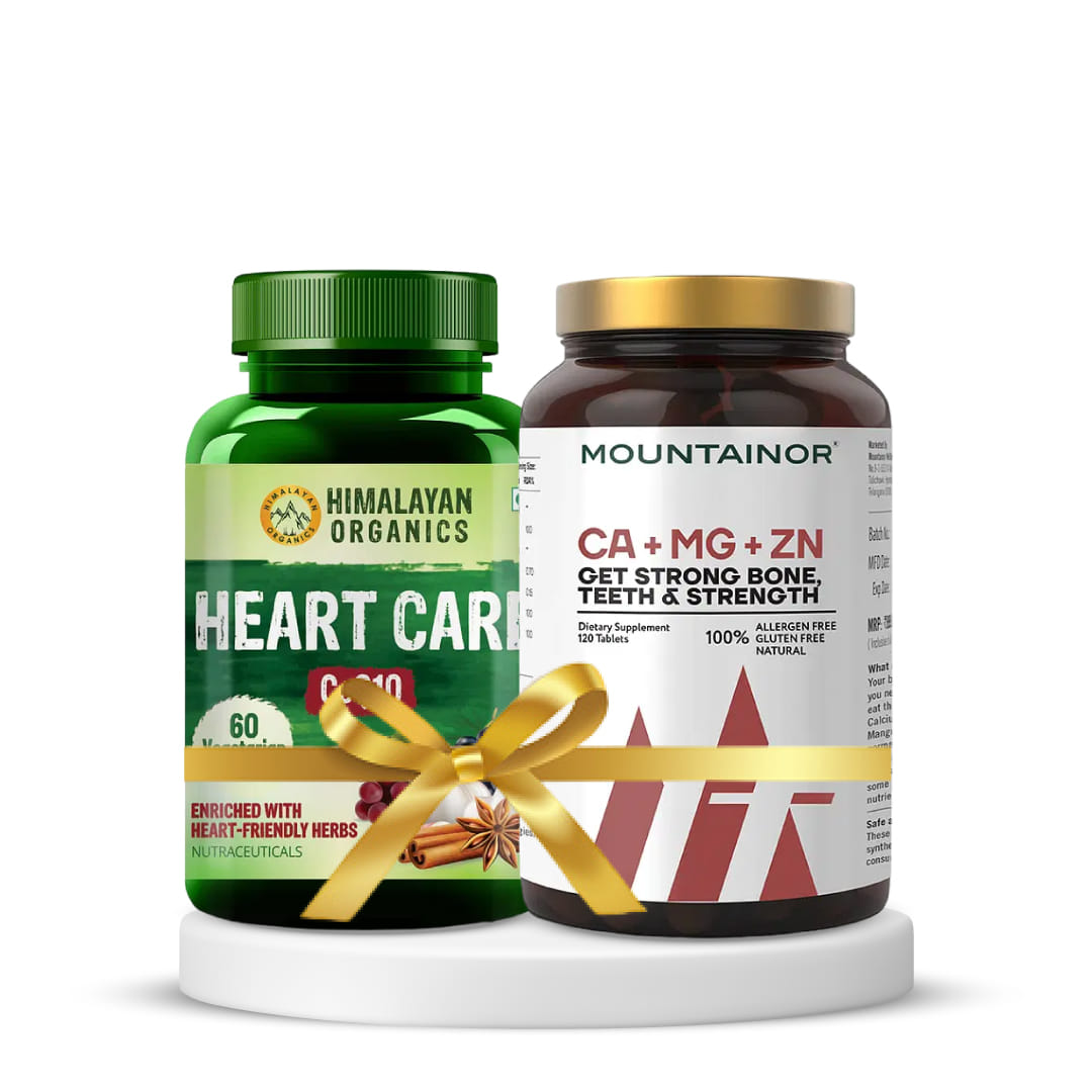 Heart Health | Himalayan Organics Heart Care Supplement with Arjuna Bark, Grape seed, CoQ10 60 Veg Tablets + MOUNTAINOR Organic Calcium, Magnesium, Zinc(120 Veg Tablets)