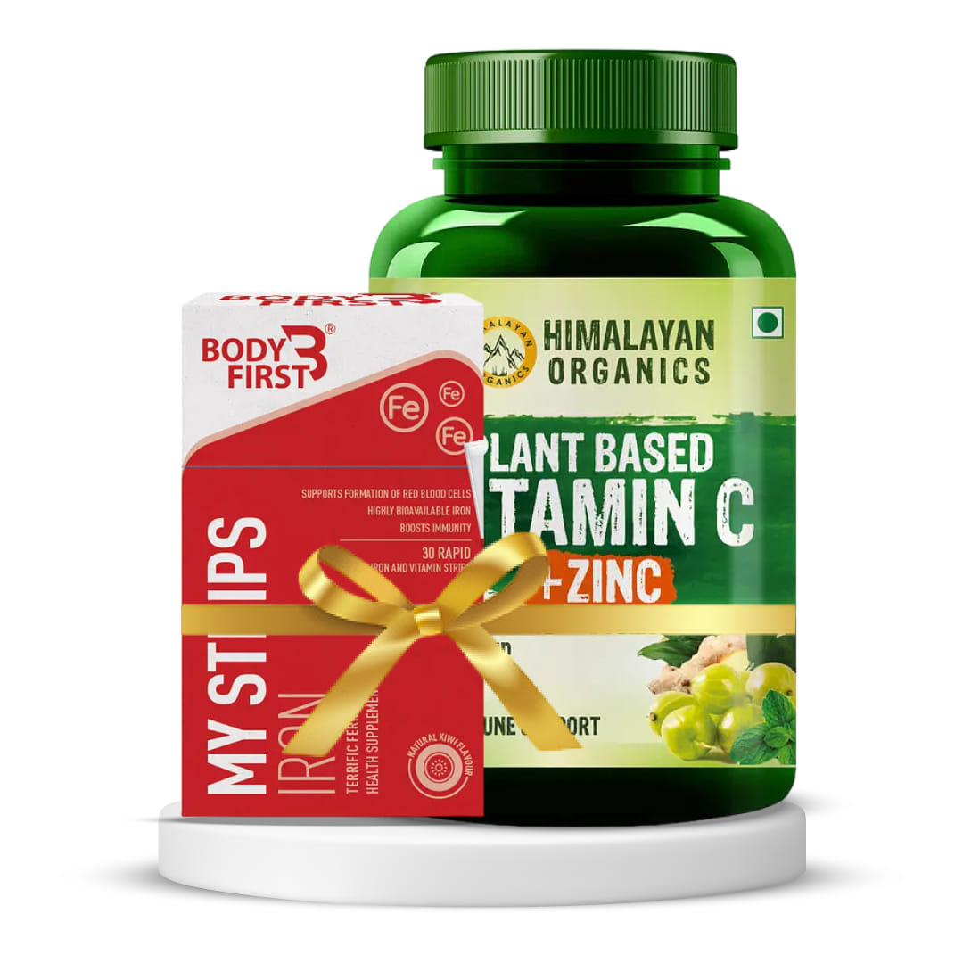 Immunity and iron absorption | Bodyfirst Iron My Strips - 30 strips, Kiwi Flavour + Himalayan Organics Plant Based Vitamin C with Zinc - 120 Veg Capsules