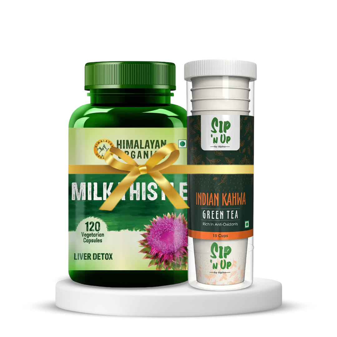 Liver Health and Detox | Himalayan Organics Milk Thistle Extract Silymarin 800mg/Serve-120 Veg Capsules + Sip N Up Certified Organic Detox Kahwa Green Tea, 15 Ready to Drink Cups, Rich in An