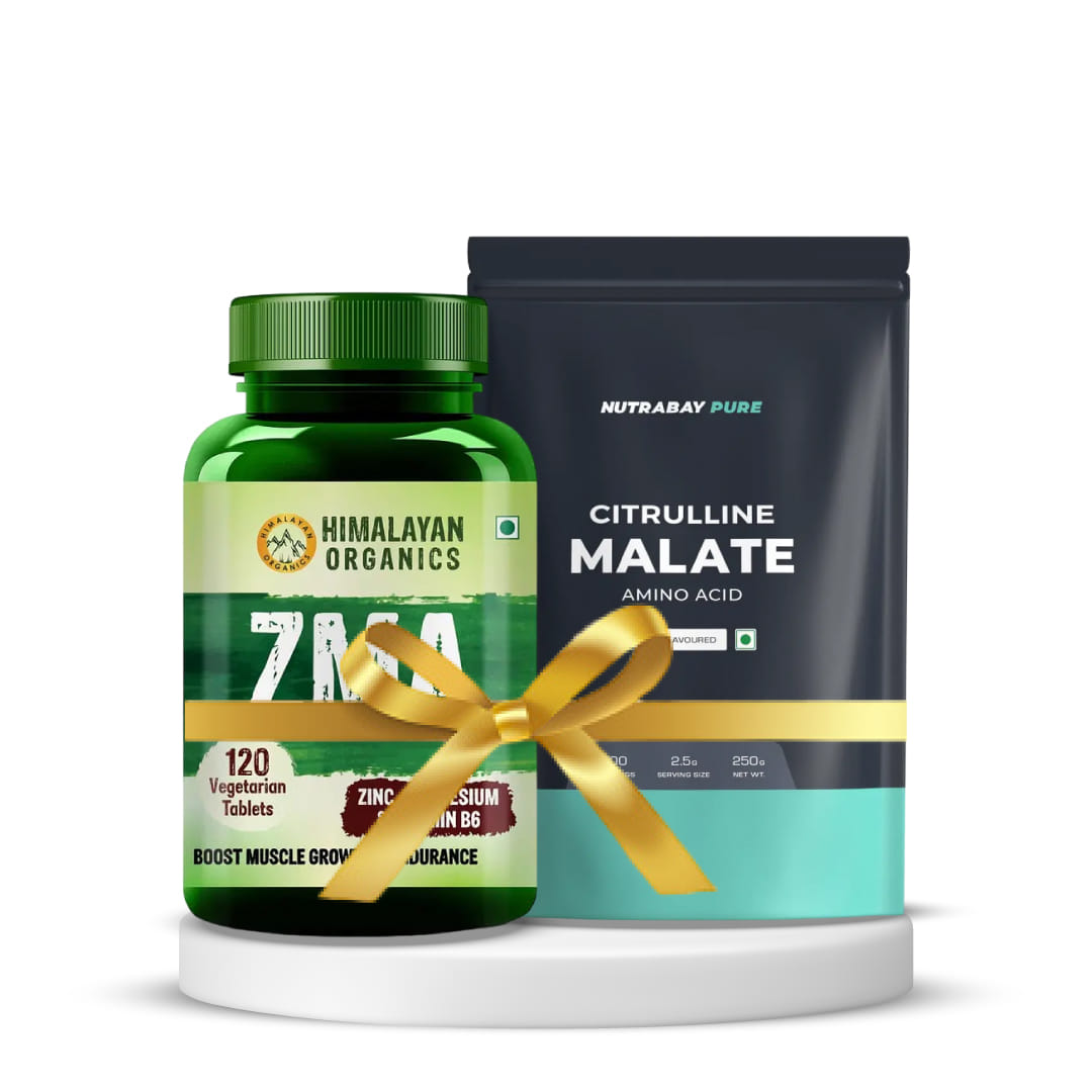 Nutrabay Pure 100% Citrulline Malate Powder 250g Unflavoured & Himalayan Organics ZMA (Zinc, Magnesium Aspartate) 120 Veg Tablets | Pack of 2 Combo