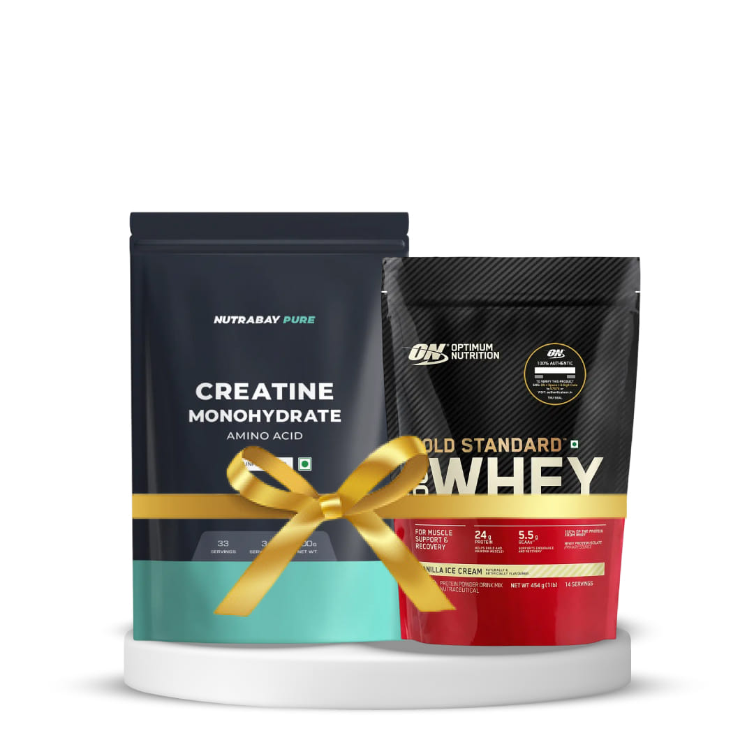 Optimum Nutrition (ON) Gold Standard 100% Whey Protein Powder 1 lbs, 454 g Vanilla Ice Cream + Nutrabay Pure Micronised Creatine Monohydrate 100g Unflavoured |Pack of 2 Combo