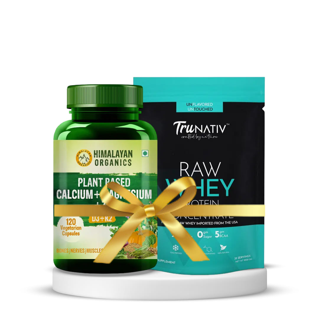 TruNativ Raw Whey Concentrate 1Kg & Himalayan Organics Plant Based Calcium Magnesium Zinc D3 & K2 120 Capsules | Pack of 2 Combo