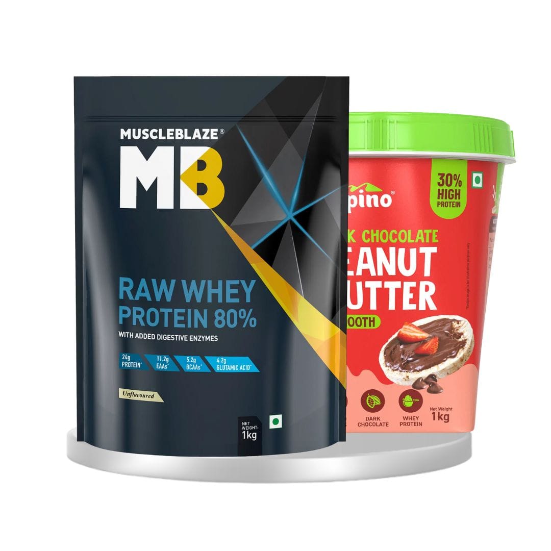 Muscleblaze raw whey protein (unflavoured, 1 kg / 2.2 lb, 33 servings) & Alpino high protein dark chocolate peanut butter smooth 1 kg dark chocolate | creamy combo pack of 2