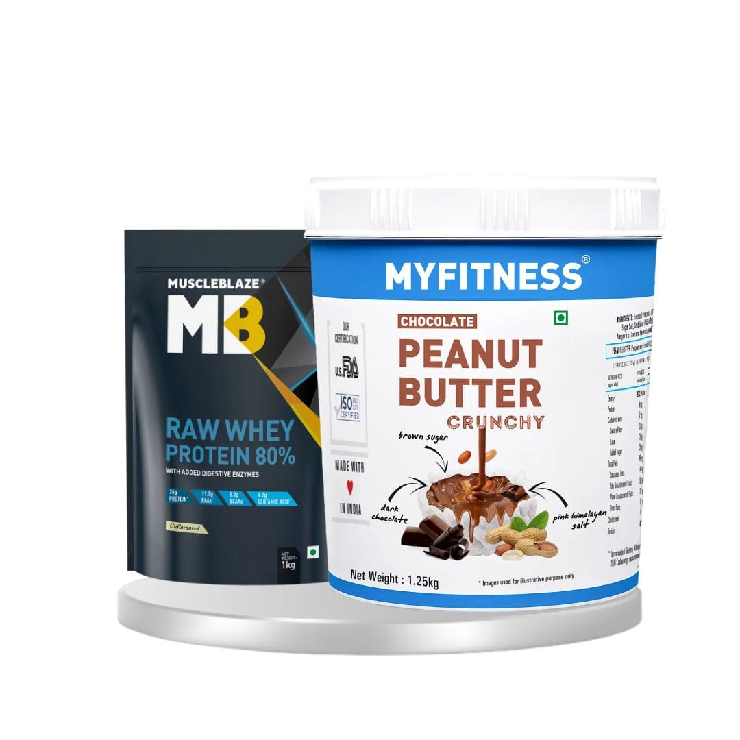 Muscleblaze raw whey protein (unflavoured, 1 kg / 2.2 lb, 33 servings) & Myfitness chocolate peanut butter crunchy 1250g | combo pack of 2