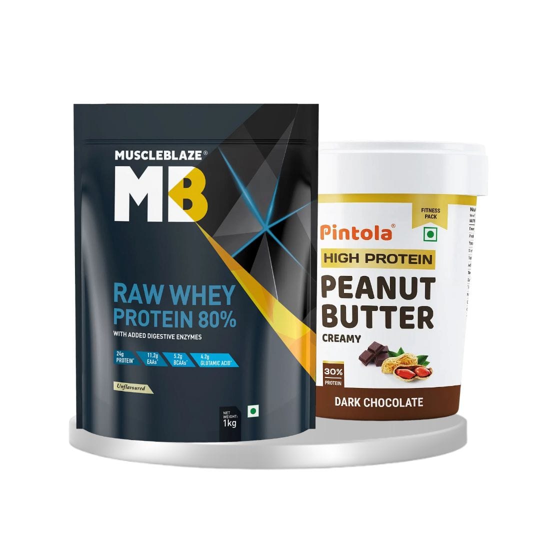 Muscleblaze raw whey protein (unflavoured, 1 kg / 2.2 lb, 33 servings) & Pintola high protein peanut butter dark chocolate creamy 1kg | combo pack of 2