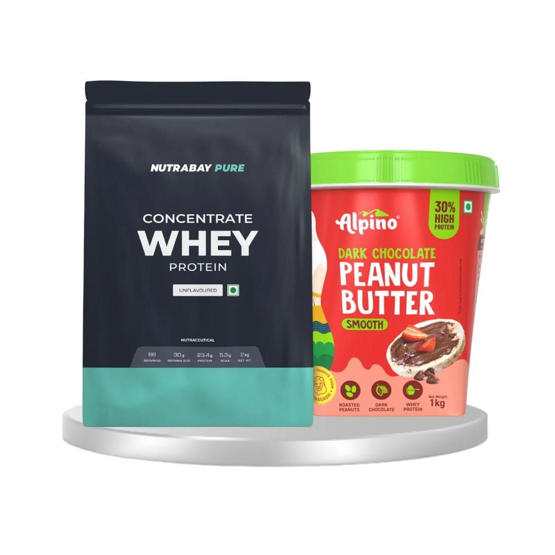 Nutrabay pure 100% raw whey protein 2kg unflavoured & Alpino high protein dark chocolate peanut butter smooth 1 kg dark chocolate creamy | combo pack of 2