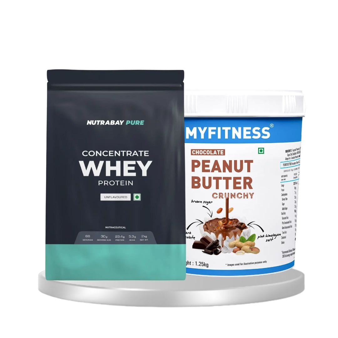 Nutrabay pure 100% raw whey protein 2kg unflavoured & Myfitness chocolate peanut butter crunchy 1250g | combo pack of 2