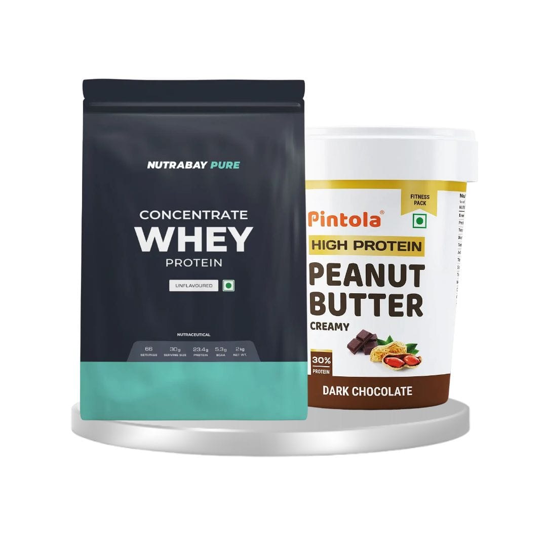 Nutrabay pure 100% raw whey protein 2kg unflavoured & Pintola high protein peanut butter dark chocolate creamy 1kg | combo pack of 2