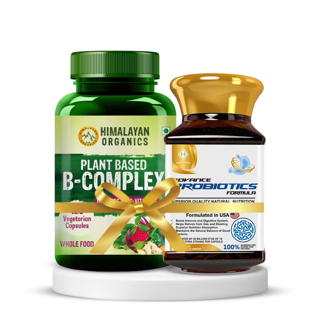 Nutritional Support for Metabolism and Gut health | Himalayan Organics Plant Based B-Complex Vitamins and Biotin - 120 Veg Cap + MOUNTAINOR Advanced Probiotic Formula With 50 Billion CFU- 90