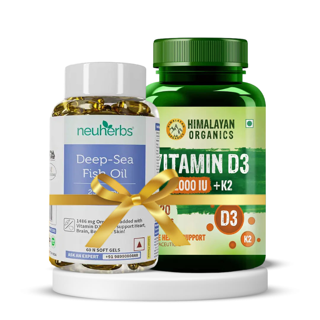 Omega-3 and Vitamin D3 | Neuherbs Deep sea fish oil 60 softgels + Himalayan Organics Vitamin D3 2000 IU Supplement + Vitamin K2 as Mk7 Supports Stronger Immunity & Bone & Heart Health - 120