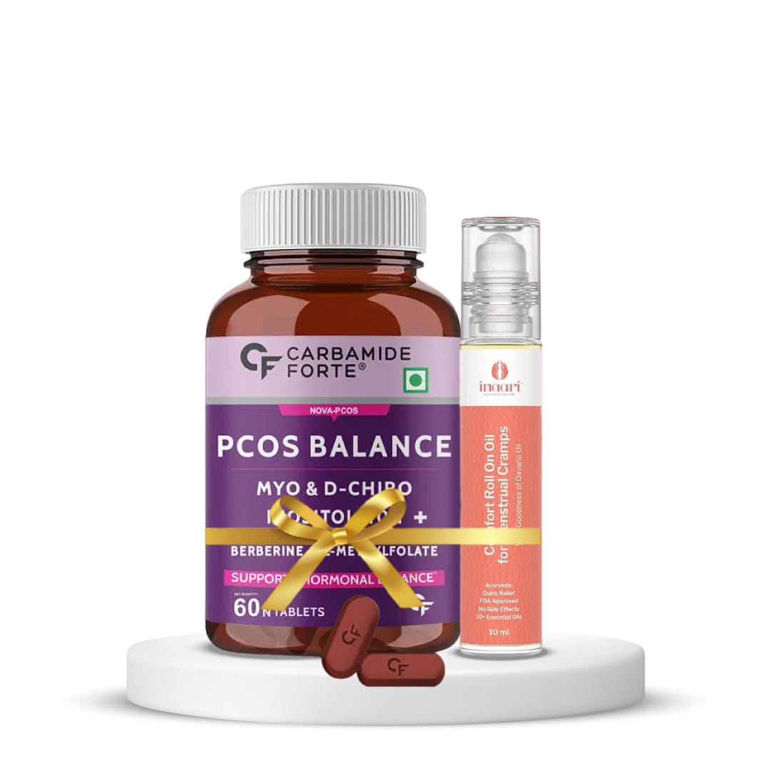 PCOS Support & Menstrual Comfort Pack|Carbamide Forte PCOS Supplement - 40:1 Ratio 2000mg - 60 Veg Tablets + Inaari Comfort Roll On Oil for Menstrual Cramps | Helps Manage Period Cramps, Str
