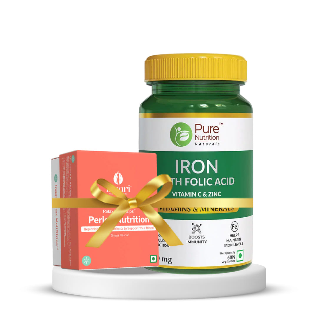 Period Support and Iron Nutrition|Pure Nutrition Iron 60Tab + Inaari Relax Period Nutrition MeltStrips Provides Nutrients Required During the Period Anti-inflammatory Reduces Cramping, Natur