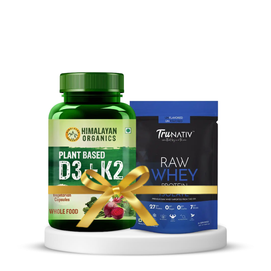 TruNativ Raw Whey Isolate 900g & Himalayan Organics Plant Based D3 + K2 120 Veg Capsules | Pack of 2 Combo