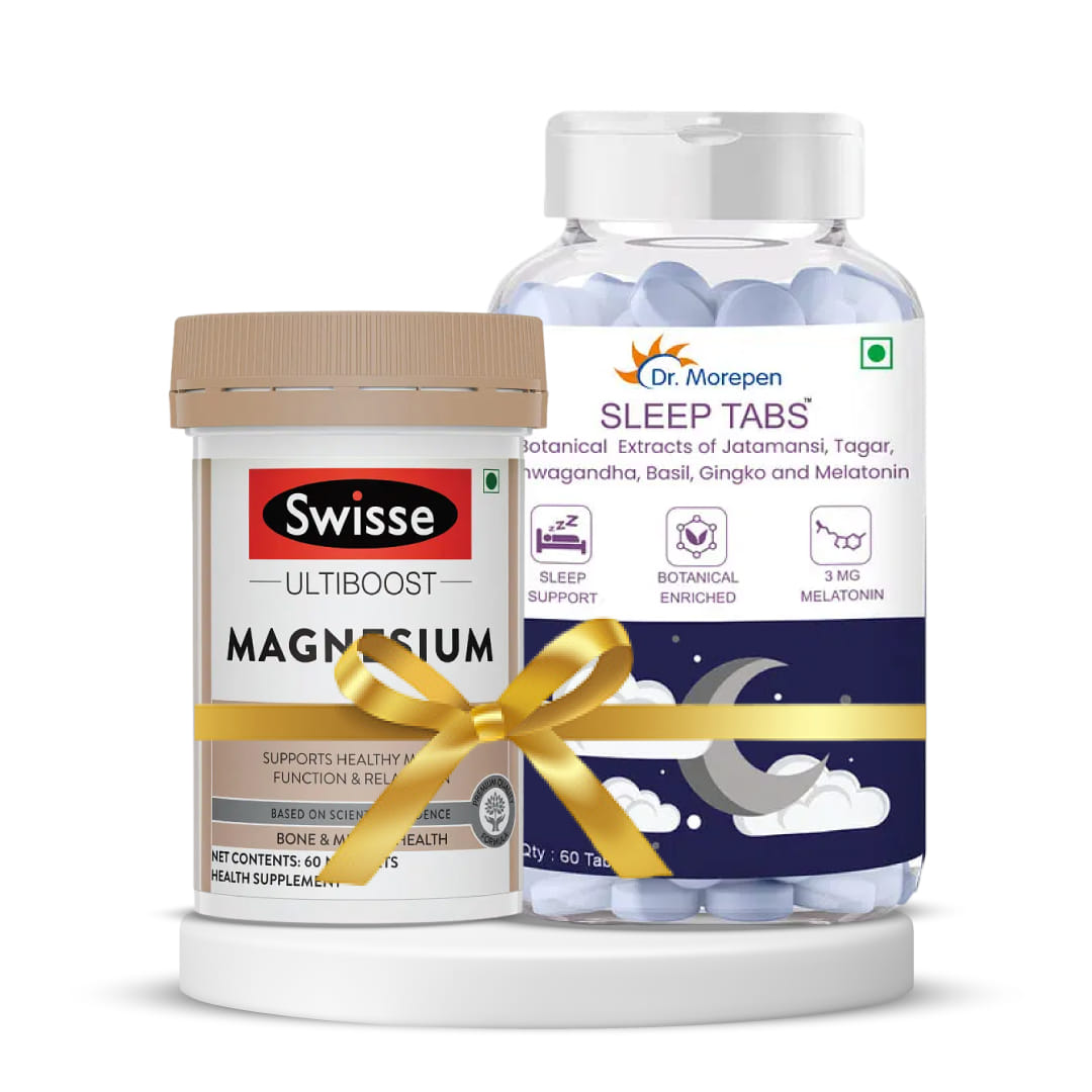 Restful sleep and Muscle recovery | DR. MOREPEN Sleep Tabs Melatonin 3mg Sleeping Tablets for Stress Free Sleep & Calmness - 60 Veg Tablets + Swisse Ultiboost Magnesium Supplement for Immuni