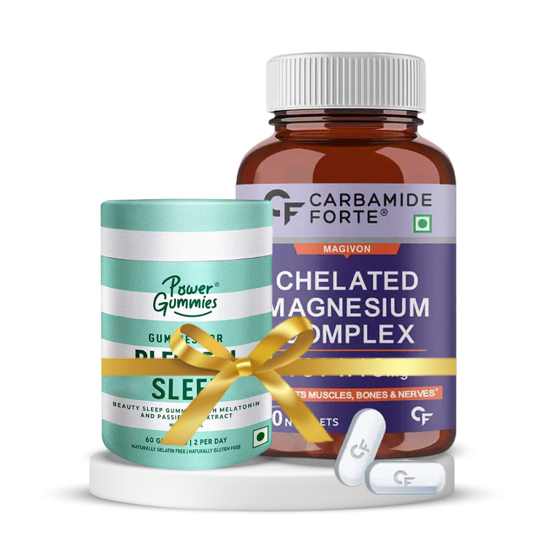 Restorative Sleep and Muscle recovery | Carbamide Forte Chelated Magnesium Glycinate 2408mg Per Serving Supplement - 60 Veg Tablets + Power Gummies Blessful Sleep, 60 gummies, Passion Fruit