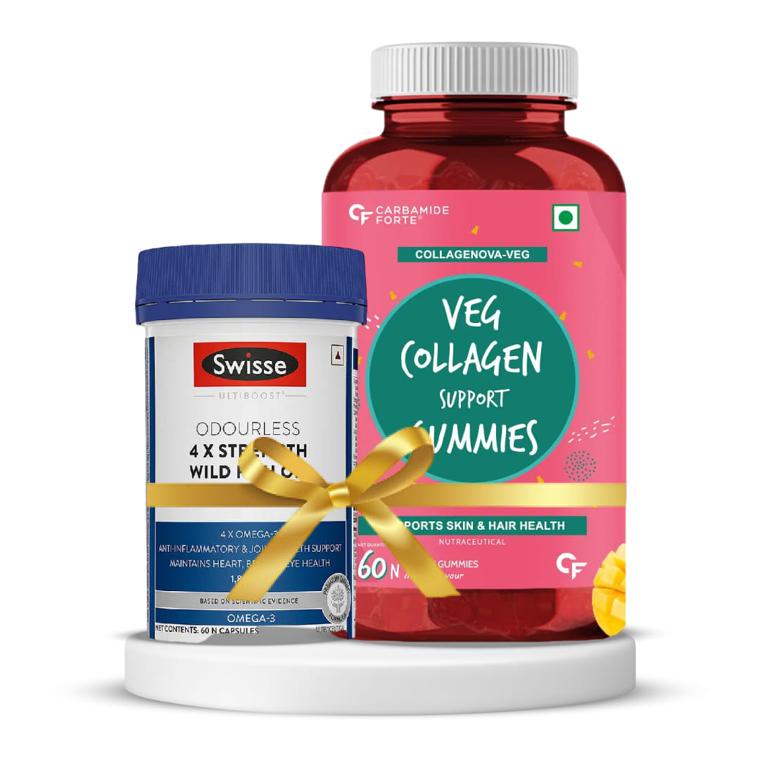 Total Health and Beauty | Swisse Ultiboost Odourless 4X Strength Wild Fish Oil Supplement with (1800MG) Concentrated Omega 3 - 60 Tablets + Carbamide Forte Veg Collagen Support Gummies - Man