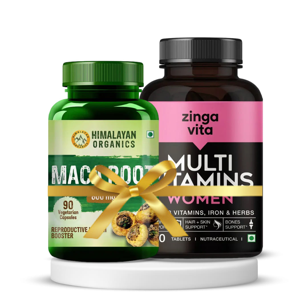 Vitality and muscle health | Himalayan Organics Maca Root Extract 800mg 90 Veg Capsules + Zingavita Multivitamin Tablets for Women With Vitamins, Calcium, Iron & Herbal Extracts (120 Tablets