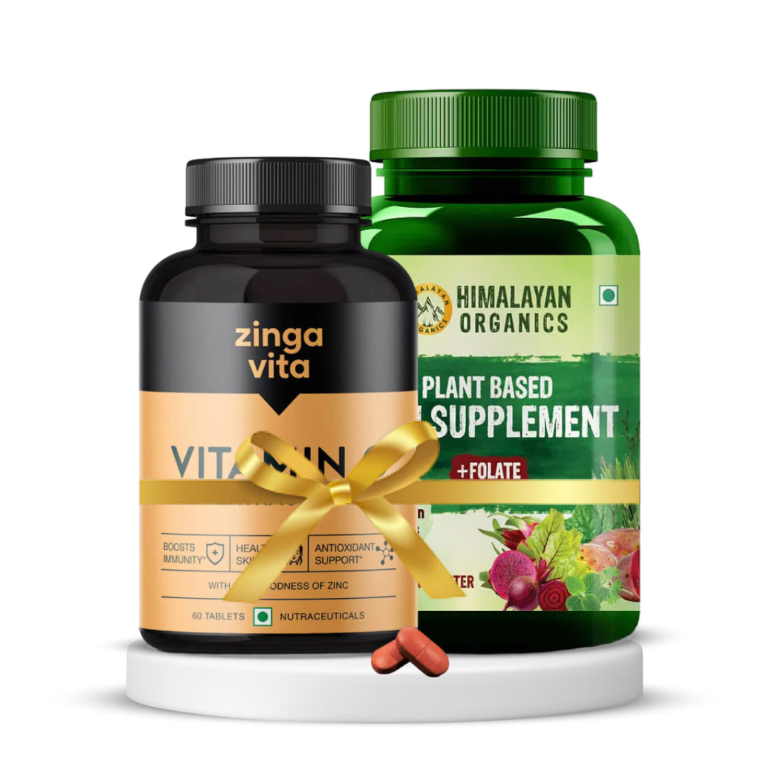 Vitamin C and Iron Support Combo | Zingavita Sugar Free Vitamin C Tablets for Men & Women 60 Tablets + Himalayan Organics Plant Based Iron Supplement with Folate Blood Builder Whole Food 120