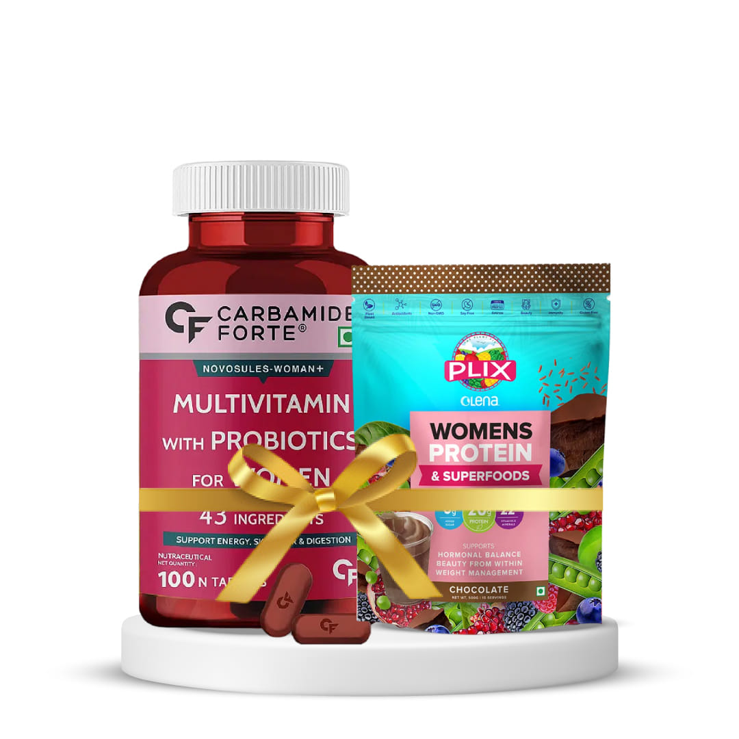 Women's Health and Wellness|Carbamide Forte Multivitamin Tablets for Women with 43 Ingredients -100 Veg Tablets + PLIX Women's Protein Powder, 20g Protein For Hormonal Balance (500g Chocolat