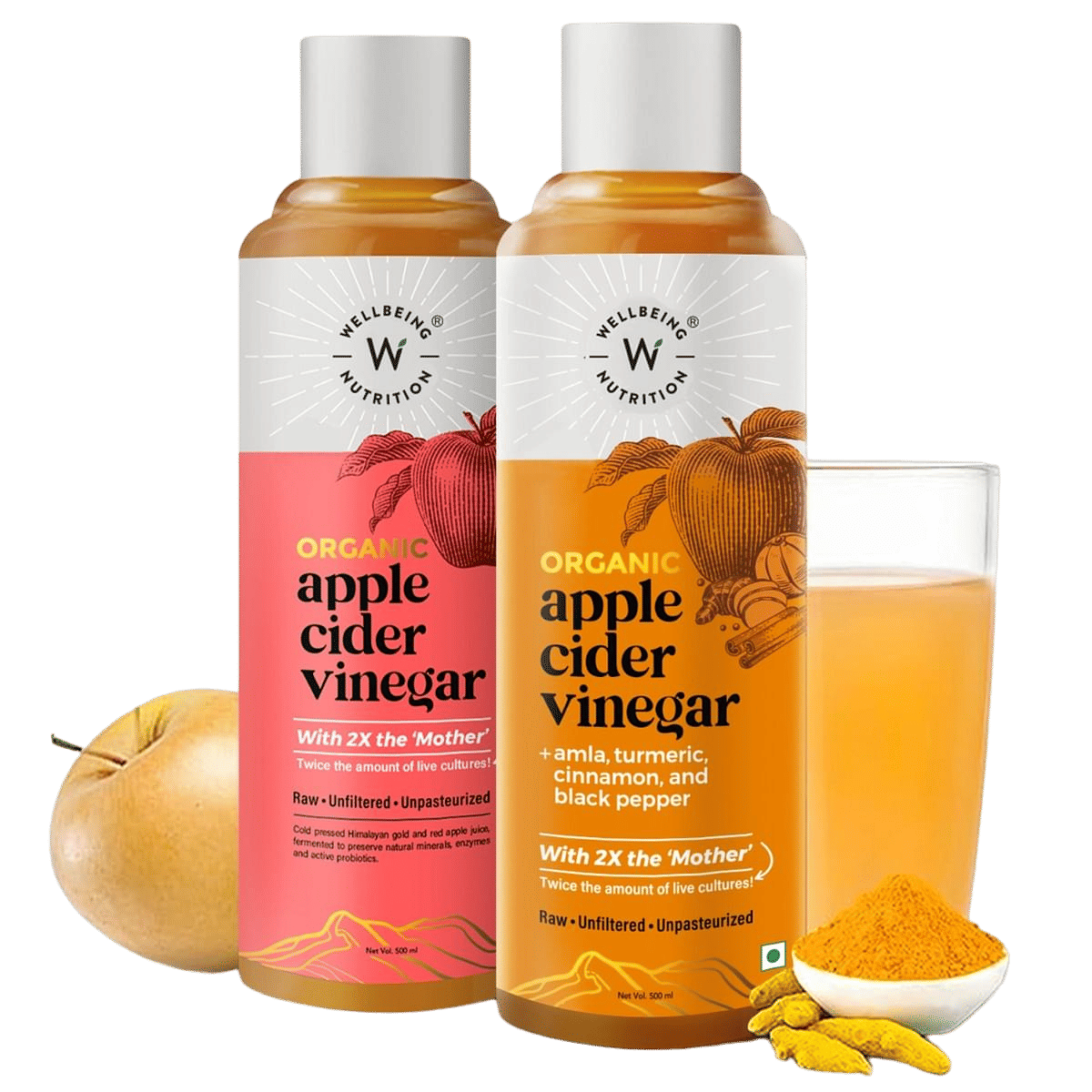 Wellbeing Nutrition ACV Combo - USDA Organic Himalayan Apple Cider Vinegar (2X Mother) with Amla (Vitamin C for Immunity), Turmeric, Cinnamon & Black Pepper | Raw, Unfiltered, Unpasteurized
