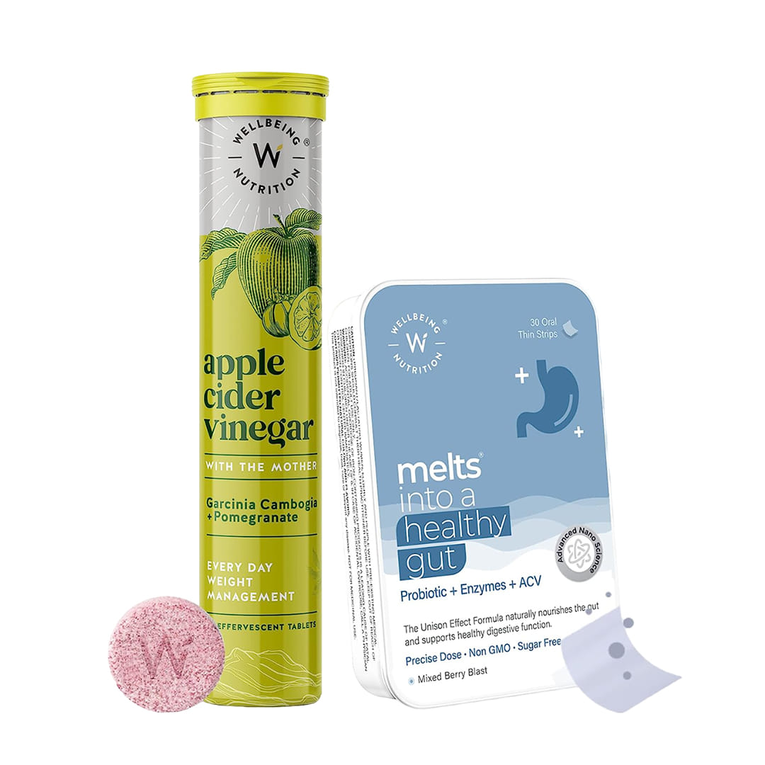 Wellbeing Nutrition Apple Cider Vinegar Effervescent Tablets & Healthy Gut Melts Oral Strips Combo Pack For Effective Weight Management, Gut Health, Skin Glow, Indigestion, Gas, Acidity and