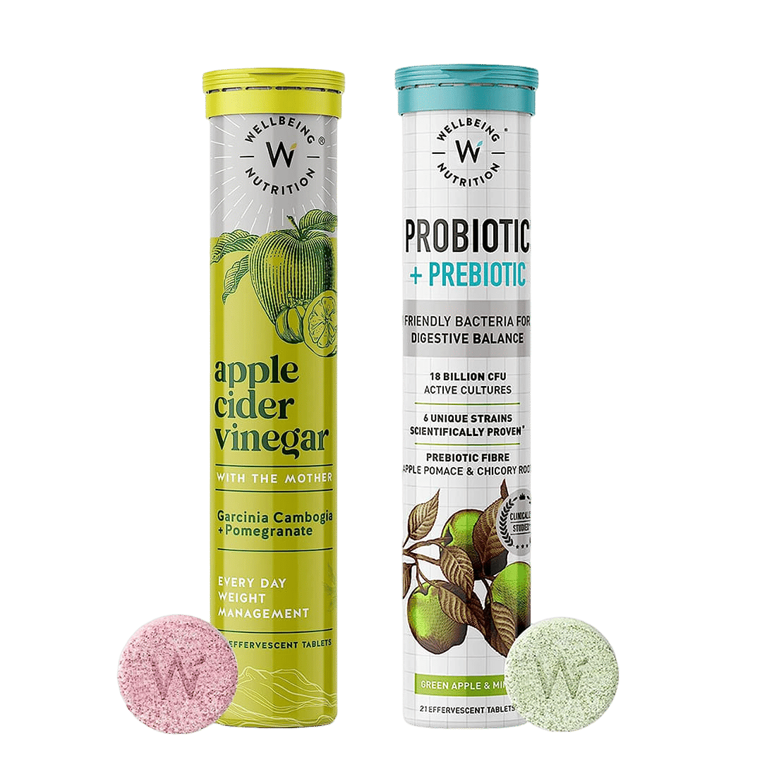 Wellbeing Nutrition Apple Cider Vinegar & Probiotic + Prebiotic Combo Effervescent Tablets Pack For Digestion, Gut Health, Metabolism and Skin Glow